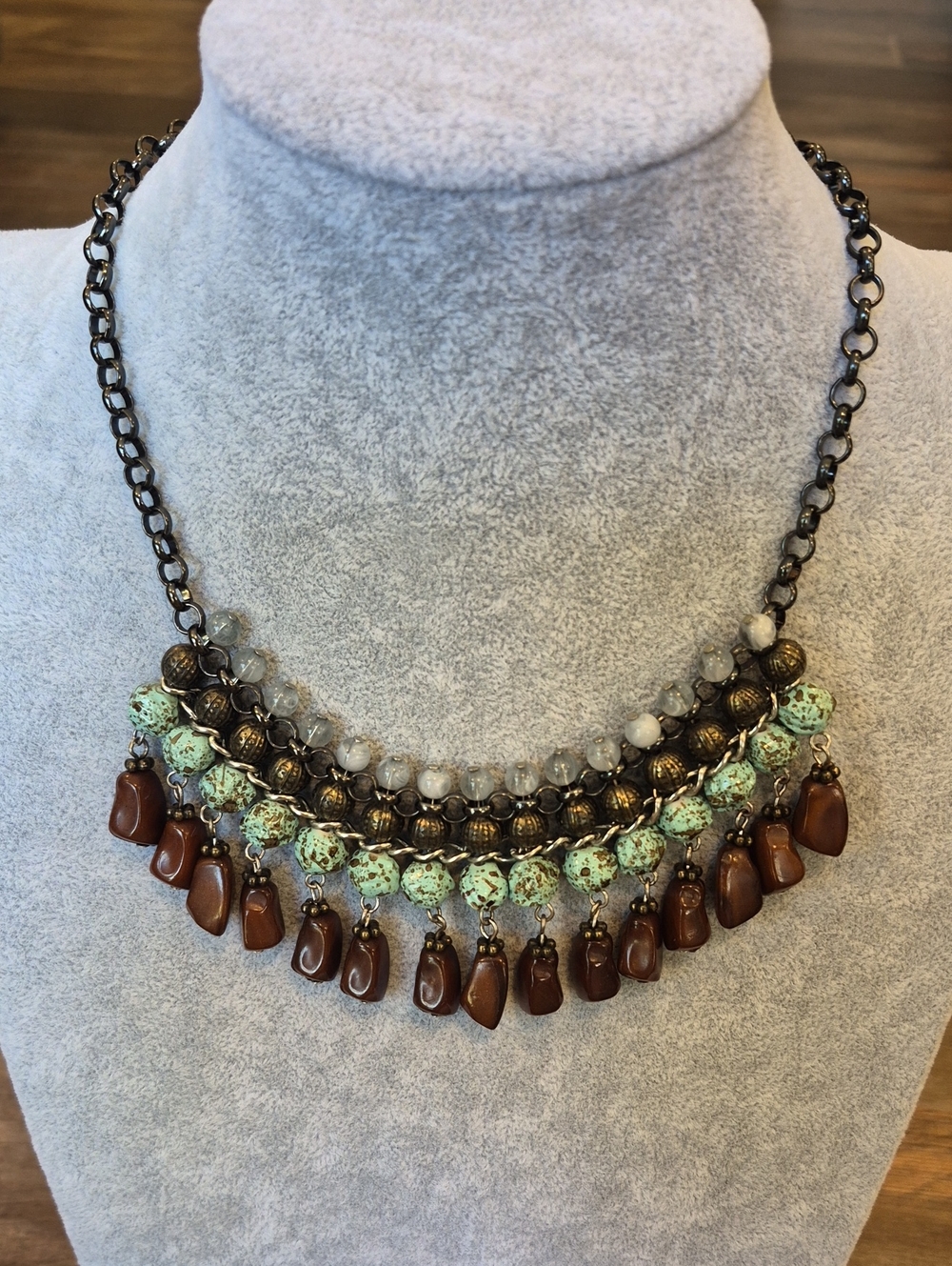 Vtg Stone & Metal Boho Fringe Bib Chain Necklace, Lobster Clasp Closure